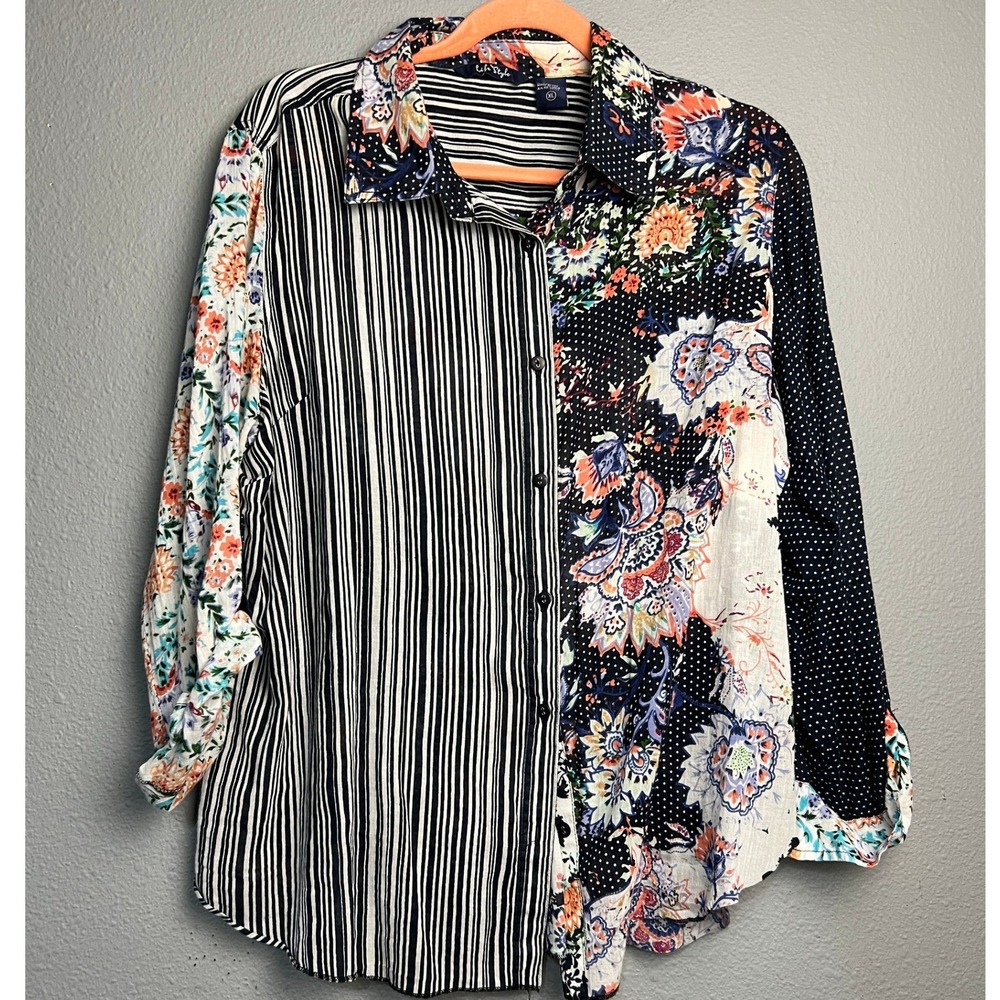 Life Style Whimsical XL Mixed Print Floral Stripe Polka Dot Button Down Shirt